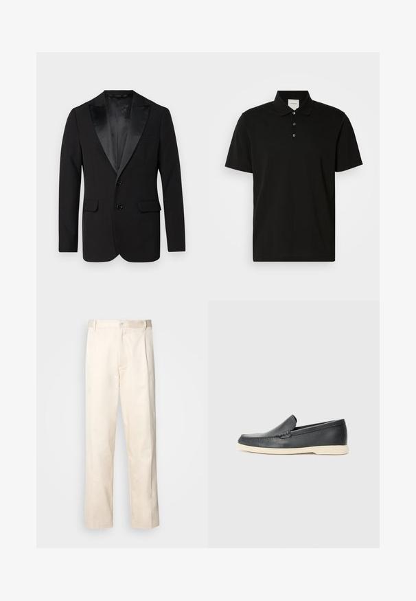 Černý smokingový sáček z hladké tkaniny, s saténovými klopy, dvěma předními knoflíky a dvojitými postranními kapsami. Klasický střih na míru.; Černé polo tričko s krátkým rukávem z hladké tkaniny, s klasickým límečkem, zapínáním na tři knoflíky a decentním vertikálním vzorem.; Bežové bavlněné kalhoty se střihy rovného nohavice, s knoflíkovým zapínáním a záhyby vpředu pro zvýraznění detailu.; Černé kožené mokasíny na klínku s texturovaným povrchem a kontrastní béžovou gumovou podrážkou. Vyznačují se jemným akcentem podél přední části.
