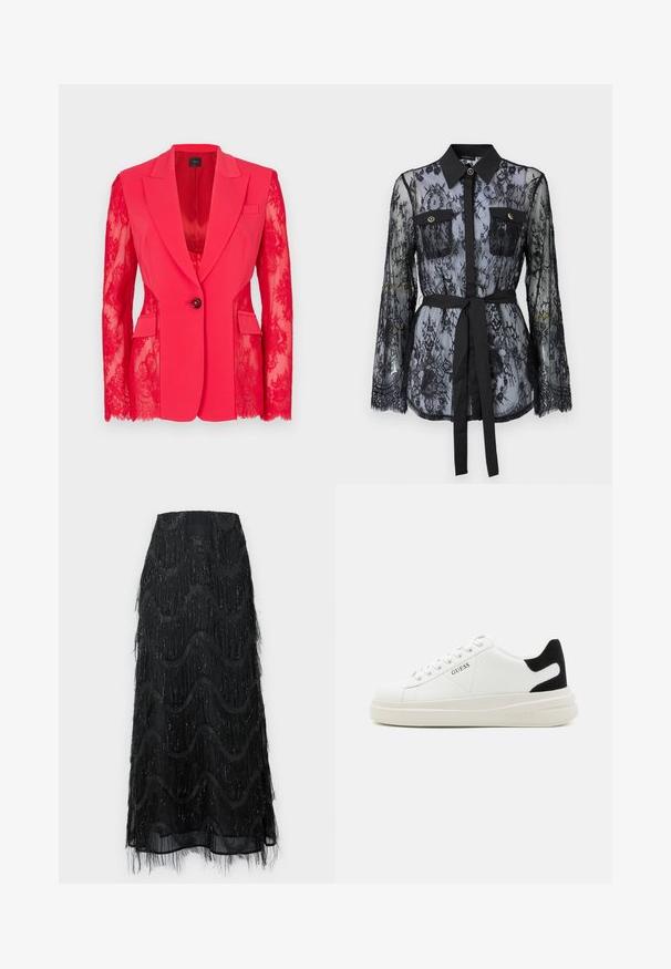Červený blejzr s krajkovými rukávy, s klopami, na jediné knoflíkové zapínání a dvěma předními kapsami. Hladká tkanina s jemnou krajkovou strukturou.; Černá krajková blůza s dlouhými rukávy, knoflíkovými kapsami na hrudi, klasickým límečkem a tkaninovým páskem svázaným v pase. Průhledný design.; Černá midi sukně s vrstveným třásněm a vlnitými vzory. Vyrobena z průsvitného materiálu se třpytivými akcenty podél okrajů.; Bílé kožené tenisky s tlustou bílou podrážkou, černým semišovým akcentem na patě a vyraženým logem na boku. Šněrovací design se šesti očka.