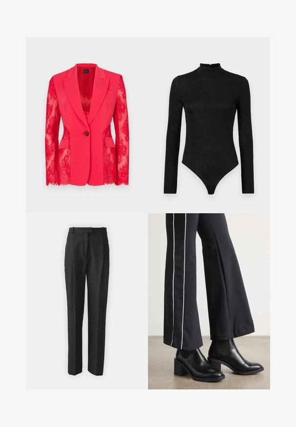 Κόκκινο σακάκι με δαντελένια μανίκια, κεντρικά γιακά, κλείσιμο με ένα κουμπί και δύο μπροστινές τσέπες. Λείο ύφασμα με περίπλοκη υφή δαντέλας.; Μαύρο bodysuit μακρύ μανίκι με ψηλό λαιμό και διακριτή υφή. Περιλαμβάνει φερμουάρ στην πλάτη και σχέδιο με thong στην κάτω πλευρά.; Μαύρα κομμένα παντελόνια από ελαφρύ ύφασμα, με ίσια γραμμή, επίπεδο μπροστινό μέρος και θηλιές ζώνης. Λείο υφή χωρίς εμφανή σχέδια.; Μαύρες δερμάτινες μπότες μέχρι τον ασρό με τετράγωνη φτέρνα, που διαθέτουν ελαστικές πλάγιες ρίγες. Συνδυασμένες με μαύρο παντελόνι που έχει λευκή πλαϊνή ρίγα.