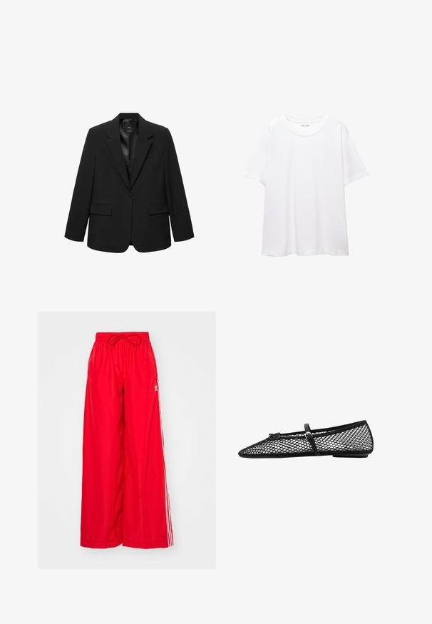 Schwarze Blazer mit einem eleganten Design, einreihiger Knopfverschluss, Reverskragen, zwei Vorderseiten-Taschen und einem glatten Innenfutter. Taillierte Passform.; Ein schlichtes, weißes T-Shirt aus Baumwolle mit rundem Halsausschnitt, kurzen Ärmeln und lockerer Passform. Glatte Textur ohne Muster oder Akzente.; Rote weit geschnittene Hose aus leichtem Stoff, mit weißen Seitenstreifen und einem elastischen Bund mit Kordelzug.; Schwarze Netz-Balletflats mit spitz zulaufender Zehenpartie, dekorativem Riemen und dezentem Akzent. Sie verfügen über ein offenes Netzdesign und eine flache Sohle.