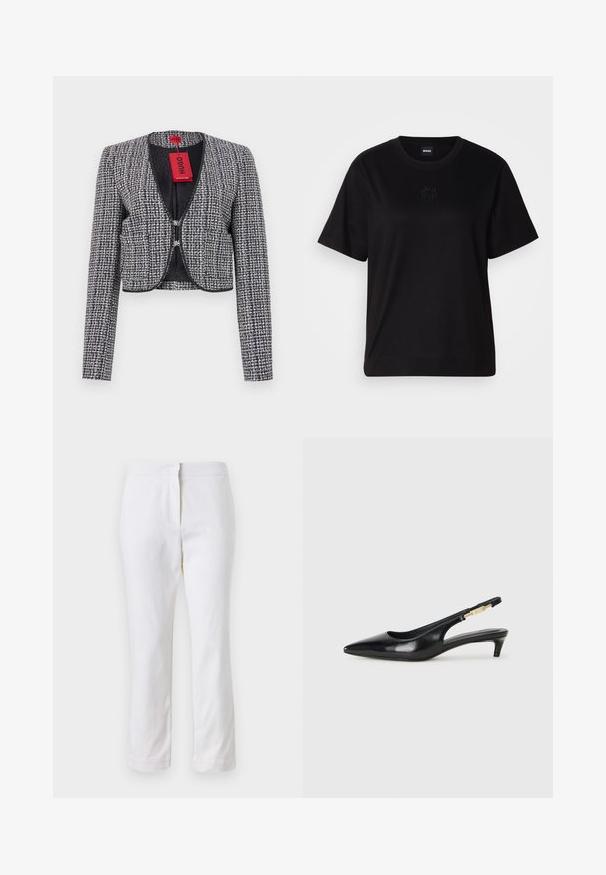 Krótkie kurtki z tkaniny w niebiesko-białe sploty. Posiada okrągły dekolt, zapięcie na zatrzask z przodu oraz długie rękawy. Zawiera metkę.; Czarny bawełniany t-shirt z okrągłym dekoltem, krótkimi rękawami i haftowanym logo na piersi. Prosty, luźny krój bez wzorów.; Białe bawełniane spodnie o prostym kroju nogawki, z średnim stanem, bez widocznych elementów metalowych czy wzorów. Gładka tekstura na całej powierzchni.; Czarne skórzane szpilki typu slingback z ostrym noskiem, posiadające smukły obcas i złoty akcent na regulowanym pasku. Gładka tekstura.