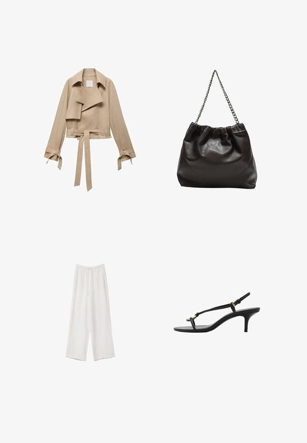 Mango Blejzr - sand; Svetle béžové tričko s krátkým rukávem a kulatým výstřihem, vyrobené z jemné, hladké tkaniny. Má uvolněný střih a rovný lem.; Bílé široké kalhoty vyrobené z lehké tkaniny. Mají elastický pas se šňůrkou a boční kapsy. Hladká textura.; Černé kožené sandály na kotníkovém podpatku s tenkými pásky, zlatou sponou a minimalistickým provlečením na prstech na bílém pozadí.; Hnědá kožená taška se sbíraným vrškem a řetízkovým popruhem. Hladký povrch s lesklým finišem a jemným švem na bocích.