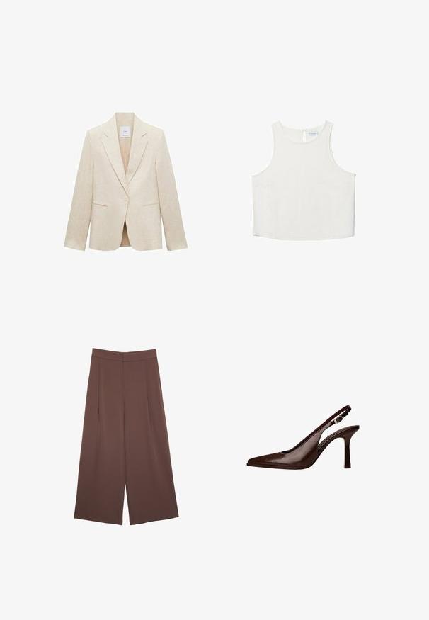 Světle béžový blejzr vyrobený z lnu, s klopovým límcem, zapínáním na jeden knoflík, dvěma předními kapsami a přiléhavým střihem.; Bílý bezrukávový top s kulatým výstřihem, který má jemnou texturu, detaily v oblasti zad ve tvaru klíčové dírky a rovný lem.; Hnědé široké kalhoty s hladkou texturou, vysokým pasem a předními záhyby. Materiál je lehký a volně splývá.; Hnědá kožená lodička na tenkém podpatku se špičatou špičkou. Má malou ozdobnou přezku na pásku a lesklý povrch.