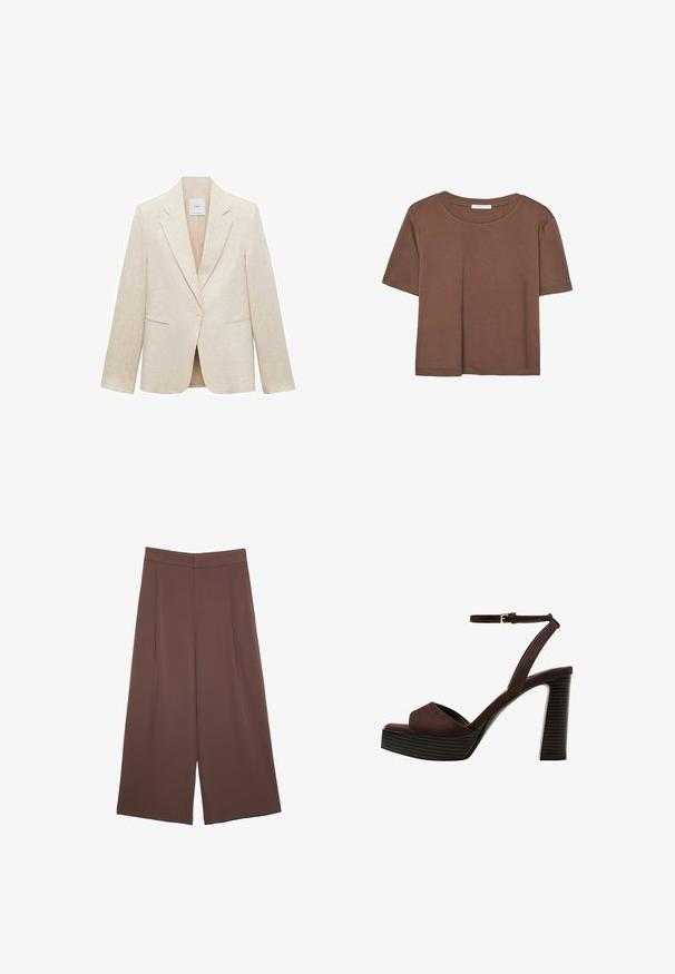 Ljusbeige kavaj gjort av linne, med slagkrage, enkel knappstängning, två framfickor och en skräddarsydd passform.; Brun kortärmad t-shirt i mjukt tyg, med rund halsringning och avslappnad passform. Inga synliga mönster eller detaljer.; Bruna vida byxor med en slät textur, som har hög midja och framfickor. Tyget är lätt och flödar löst.; Bruna mocka högklackade sandaler med öppen tå, justerbar vristrem och en randig plattformssula.