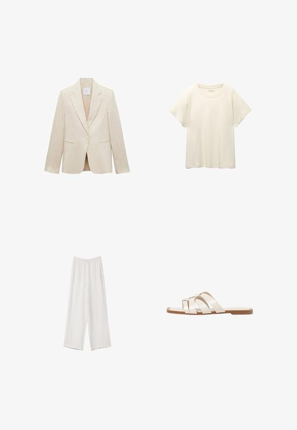 Svijetlosmeđi blejzer od lana, s reverima, jednim dugmetom, dva prednja džepa i prilagođenim krojem.; Svijetlo bež majica kratkih rukava s okruglim izrezom, izrađena od meke, glatke tkanine. Karakterizira je opušteni kroj i ravni rub.; Bijele hlače širokih nogavica napravljene od lagane tkanine. Imaju elastičan pojas s ušicom i bočne džepove. Glatka tekstura.; Ravne sandale s smeškom od gume, dizajnirane s tri preklapajuće bele kožne trake i malim detaljem mašne u sredini.