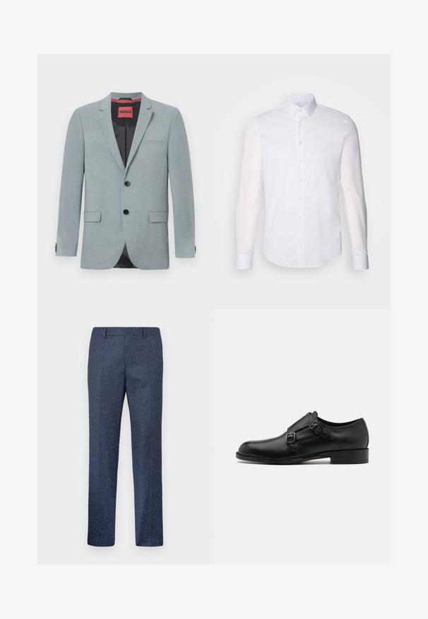 Svetlo siva blejzer iz teksturirane tkanine, z črno podloženjem, dvema sprednjima žepoma, zareznimi ovratniki in črnimi gumbi. Rdeča etiketica znotraj.; Bela srajca z dolgimi rokavi in gumbom, izdelana iz bombaža, z klasičnim ovratnikom, sprednjimi gumbi in minimalnimi šivi.; Temno modri hlače iz teksturiranega blaga, s pravimi nogami, ravnim sprednjim delom in dvema stranskima žepoma. Brez vidnih vzorcev ali akcentov.; Črne usnjene oblečne čevlje z dvema sponkama, elegantna silhueta in okrogla nos. Imajo nizek peto in gladko teksturo.