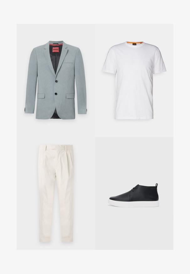 Világosszürke zakó, struktúrált anyagból készült, fekete béléssel, két elülső zsebbel, hajtott gallérral és fekete gombokkal. Piros címke belül.; Fehér pamut póló kerek nyakkivágással, rövid ujjakkal, és finoman domborított logóval a mellkason. A belső címke narancssárga akcentussal rendelkezik.; Fehér, pliszírozott nadrág, testre szabott szabással, sima felülettel, övhurkokkal és karcsú lábszárral. Nincs látható zseb vagy minta.; Fekete bőr magas szárú sneakers, sima felülettel, fehér gumi talppal és egyszerű, fűzős dizájnnal. Hátul húzófül található.