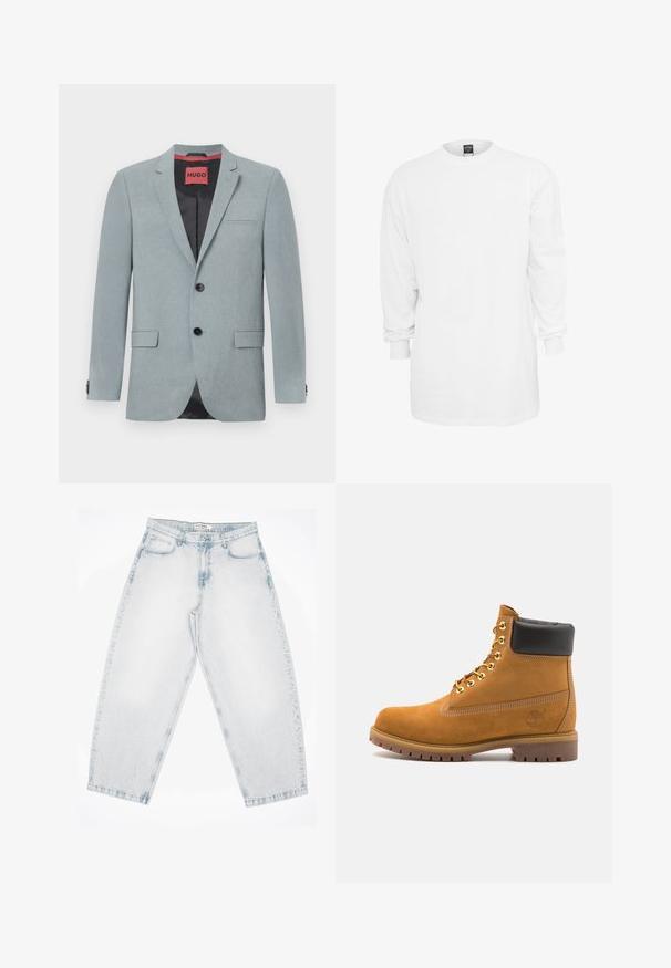 Hellgrauer Blazer aus strukturiertem Stoff, mit schwarzem Futter, zwei vorderen Taschen, Reverskragen und schwarzen Knöpfen. Rotes Etikett innen.; Langärmliges, weißes Baumwoll-T-Shirt mit Rundhalsausschnitt, lockerer Passform und gerippten Bündchen. Schlichtes Design, keine Grafiken oder Muster.; Helle blaue Denim-Jeans mit lockerer, baggy Passform. Verfügt über fünf Taschen, Knopfverschluss und genähte Details. Ausgewaschene Textur und gerade Beine.; Beige Wildleder-Ankle-Boot mit schwarzem gepolstertem Kragen, goldenen Metallösen, weißen Nähdetalben und einer robusten Gummisohle mit ausgeprägtem Profil.