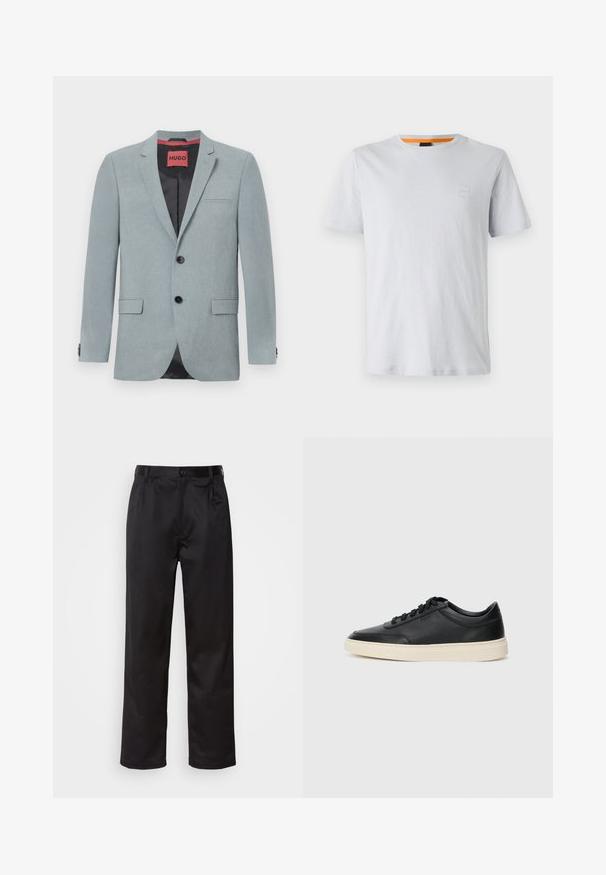 Svijetlosiva blazer jakna napravljena od teksturiranog materijala, s crnom podstavom, dva prednja džepa, reverima u obliku notcha i crnim dugmadi. Crvena oznaka unutra.; Svijetlosivi majica kratkih rukava od pamuka, s malom oznakom na prsima i kontrastnim narančastim detaljem na izrezu.; Crne hlače od glatkog materijala, s prednjim zatvaranjem na dugme, pregibima i ravnim nogavicama. Nema vidljivih uzoraka ili akcenta.; Crne niske kožne tenisice s crnim vezicama i kremasto bijelom potplatom prikazane u bočnom profilu na bijeloj pozadini.