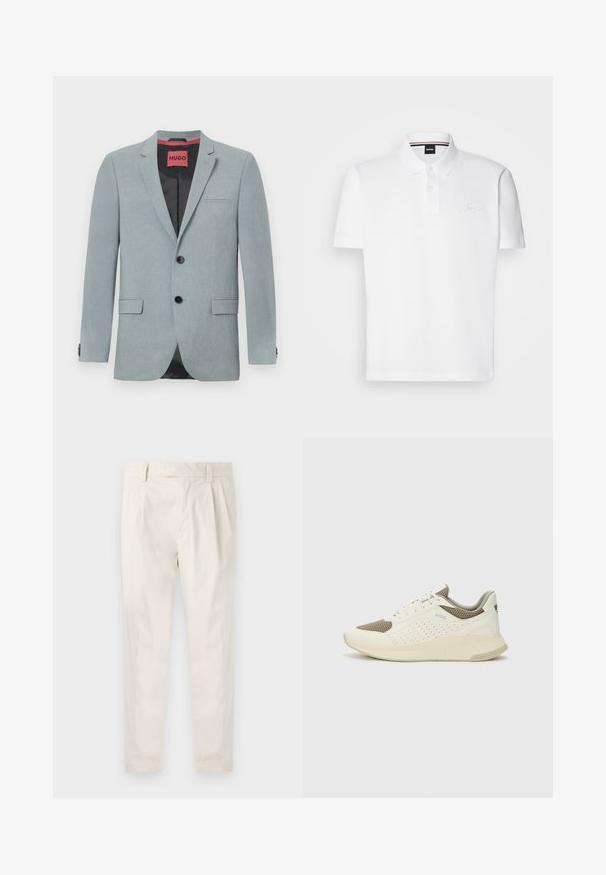 Světle šedý blazer z texturované látky, s černou podšívkou, dvěma předními kapsami, klopovými límci a černými knoflíky. Uvnitř červená nášivka.; Bílé polo tričko vyrobené z polyesteru a bavlny, s límečkem, dvouknoflíkovou légou a decentně vyšitým logem na hrudi.; Bílé, plisované kalhoty s upraveným střihem, které mají hladkou texturu, poutka na opasek a zúžené nohavice. Bez viditelných kapes nebo vzorů.; Bílé a světle béžové atletické tenisky, které mají síťovaný svršek, perforované detaily a texturovanou mezipodešev s logem na patě.