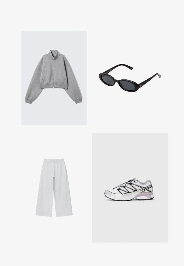 Grijze cropped zip-up jack met hoge kraag, lange mouwen en met rits afgesloten zijzakken, gepresenteerd op een effen witte achtergrond.; Witte katoenen tanktop met een ribbeltextuur, mouwloos ontwerp en ronde hals. Beschikt over een label aan de nek met de tekst "WEEKDAY."; Lichtgrijze wijde broek van zacht materiaal met een elastische tailleband. Het ontwerp heeft een losse pasvorm voor comfort en bewegingsvrijheid.; Hardloopschoen met een lichtgewicht, witte mesh bovenkant, zilveren accenten en een zwart vetersysteem; heeft een gestructureerde zool voor grip.; Zwarte oversized zonnebril met ovale lenzen, een glad plastic montuur en gouden accenten op de pootjes. Donkere lenzen bieden bescherming tegen de zon.; Grijze wollen sjaal met een zachte textuur, rechthoekige vorm en franjes aan de uiteinden, geschikt voor warmte en het dragen in koudere weersomstandigheden.; Donkerbruine suède schoudertas met verstelbare riem, hardware in goudkleur en een groot voorflapsluiting.