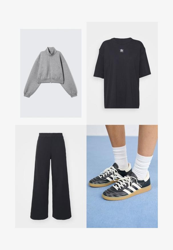 Chaqueta gris corta con cremallera, cuello alto, mangas largas y bolsillos laterales con cremallera, presentada sobre un fondo blanco liso.; Camiseta de algodón negra con mangas cortas, cuello redondo, presenta un logo blanco de Adidas en el pecho. Diseño simple, ajuste relajado.; Pantalones de chándal negros de pierna ancha, hechos de una tela suave, con una cintura elástica y un pequeño logo en el lado izquierdo.; Zapatillas de cuero negro con rayas blancas, punta redonda, cordones blancos y suela de goma. Destacan por su cuello acolchado y detalles de marca.