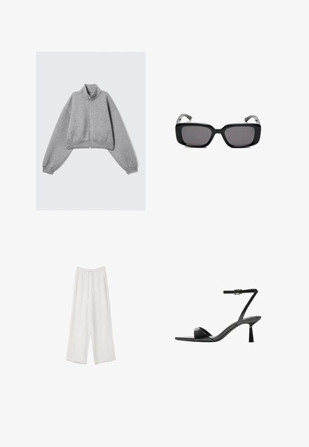 Grau gekürzte Zip-Jacke mit hohem Kragen, langen Ärmeln und seitlichen Reißverschlusstaschen, präsentiert vor einem schlichten weißen Hintergrund.; Weißes T-Shirt mit kurzen Ärmeln aus Baumwolle. Hat einen Rundhalsausschnitt und eine lockere Passform. Glatte Textur ohne sichtbare Muster oder Akzente.; Weiße weit geschnittene Hose aus leichtem Stoff. Mit einem elastischen Bund und Kordelzug sowie Seitentaschen. Glatte Textur.; Bershka High Heel Sandalette - black; Schwarze rechteckige Sonnenbrille mit dunklen Gläsern, glattem Kunststoffrahmen und gebogenen Bügeln. Das Design ist klobig mit einer minimalistischen Ästhetik.