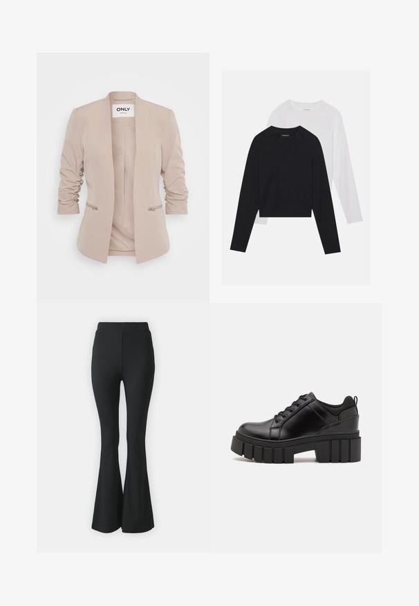 Beige blejzr s rovnýmlíčkami, nařasenými rukávy a dvěma postranními zipovými kapsami. Vyrobeno z hladké tkaniny s minimalistickým designem.; Dvě dlouhé rukávy: jedno černé a jedno bílé. Obě mají kulatý výstřih, raglánové rukávy a měkkou bavlněnou směs.; Černé rozšířené kalhoty vyrobené z elastického materiálu. Mají vysoký pas a hladký, přiléhavý design, který se rozšiřuje od kolene dolů.; Černé kožené platformové boty s masivním blokovým podpatkem, kulatou špičkou a tradičním šněrováním. Mají hladký povrch a minimální detaily.