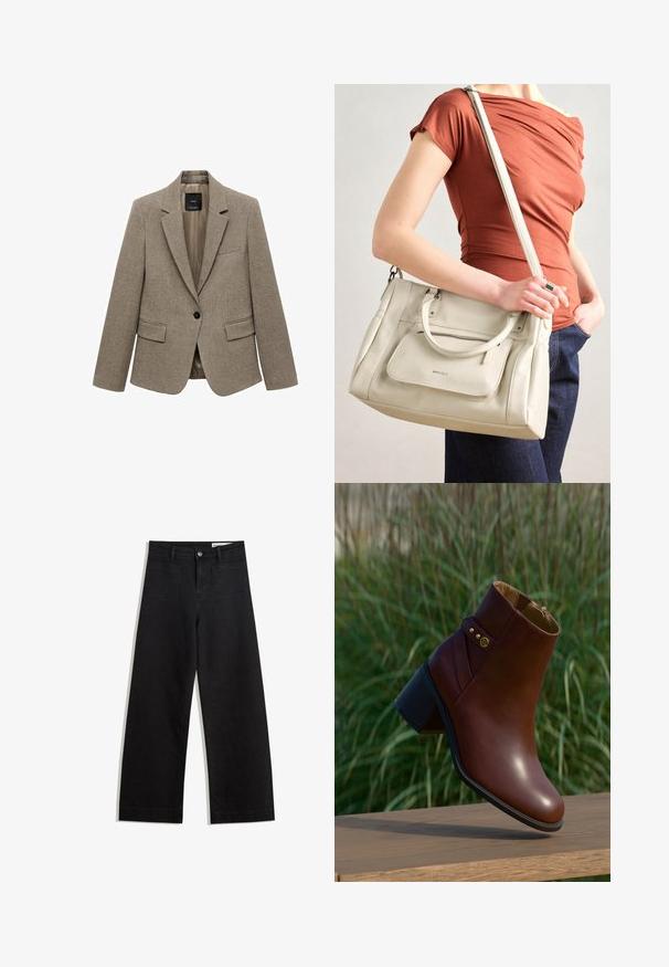 Bruine geruite blazer van gestructureerde stof, met een geknipt revers, enkele knoopsluiting en twee voorste zakken. Volledig gevoerd interieur.; Zwarte korte mouwen t-shirt gemaakt van zachte stof, met een ronde halslijn en een ontspannen pasvorm, met een gladde textuur en zonder patronen.; Zwarte denim broek met wijde pijpen en een hoge taille, voorzien van voor- en achterzakken, gestikte naden en een knoopsluiting. Gladde textuur.; Bruine leren enkellaars met een ronde neus, zijrits en decoratieve band met gouden accent. Stevige hak en een gladde, glanzende textuur.; Witte leren handtas met dubbele handgrepen en een afneembare schouderband, met een voorzak met rits en een gladde textuur. Draagend aan de arm van een persoon.
