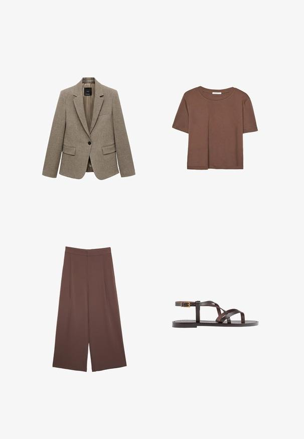 Hnědý kostkovaný blejzr vyrobený z texturované tkaniny, s klopovým límcem, zapínáním na jeden knoflík a dvěma předními kapsami. Celá podšívka.; Hnědé tričko s krátkým rukávem vyrobené z měkké látky, s kulatým výstřihem a volným střihem. Bez viditelných vzorů nebo dekorací.; Hnědé široké kalhoty s hladkou texturou, vysokým pasem a předními záhyby. Materiál je lehký a volně splývá.; Hnědé kožené sandály s kříženými pásky, uzavřením na přezku u kotníku a plochou podrážkou s minimem švů.