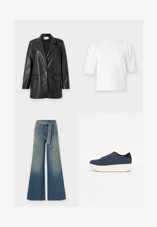 Black faux leather blazer with a notched collar, single button closure, two front pockets, and a chest pocket. Smooth texture and tailored fit.; White cotton t-shirt with short puff sleeves, featuring small silver embellishments along the sleeves. Classic round neckline, relaxed fit.; Wide-leg denim trousers featuring a light to dark blue gradient, high waist, belt loops, and a matching fabric belt. Textured denim finish.; Navy blue sneaker with a textured fabric upper, white platform sole, rounded toe, and black heel accent. Features six eyelets for laces.