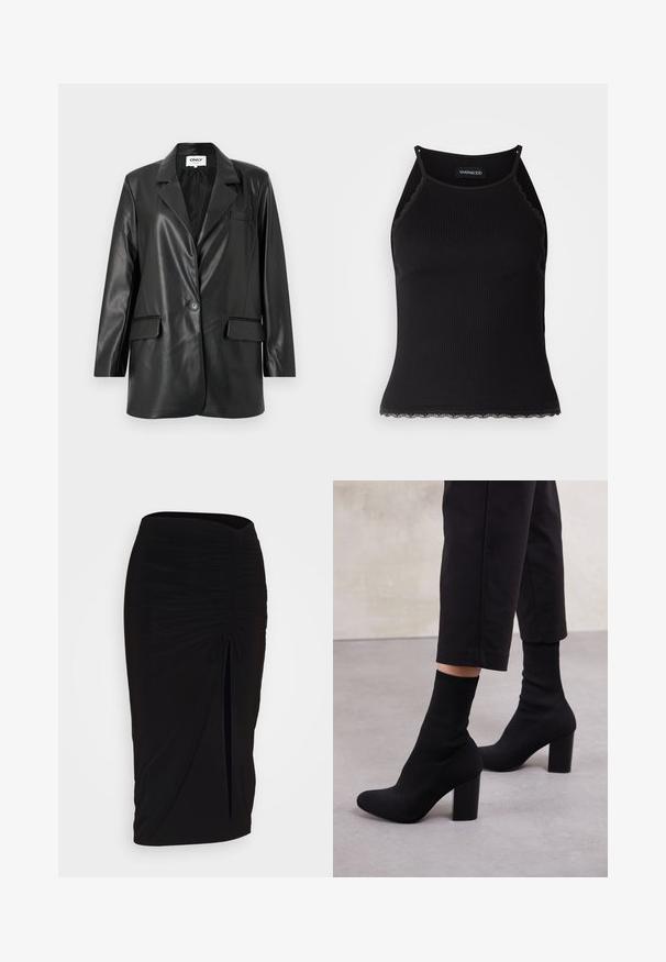 Črn blazer iz umetnega usnja z odprtim ovratom, enojnim gumbom, dvema sprednjima žepoma in žepom za prsni del. Gladka tekstura in prilega se.; Črn rebrast top brez rokavov z valovitimi čipkastimi robovi na dnu. Ima tanke naramnice in oprijet kroj. Narejen je iz raztegljivega materiala.; Črna, nabrana svinčnik krilo z detajlom v obliki traku in stranskim razporkom. Narejeno iz raztegljive tkanine, ki se ponaša z gladko teksturo in oblikovanjem, ki se prilega telesu.; Črne gležnjarje z visokimi petami in rebrastim zgornjim delom, gladko površino, okroglo konico in blok peto za stabilnost.