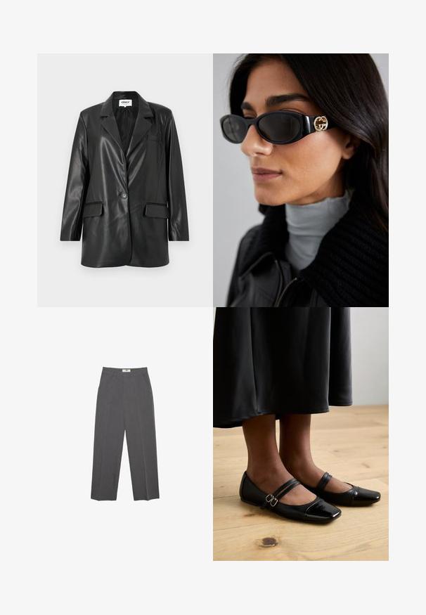 Schwarze Blazer aus Kunstleder mit Schalkragen, Ein-Knopf-Verschluss, zwei vorderen Taschen und einer Brusttasche. Glatte Textur und taillierte Passform.; Schlichtes weißes Langarmshirt mit Rundhalsausschnitt, von hinten gezeigt, flach auf einem weißen Hintergrund ausgelegt.; Graue gerade geschnittene Hose aus strukturiertem Stoff, mit mittelhohem Bund, Gürtelschlaufen und Seitentaschen. Keine sichtbaren Muster oder Akzente.; Schwarze Lacklederballerinas mit quadratischer Zehenform, ausgestattet mit zwei Riemen mit Schnallen. Die Sohlen sind flach auf einem hellen Holzboden.; Schwarze Sonnenbrille mit einem schlanken rechteckigen Rahmen und einem goldenen Logo-Akzent an der Seite. Dunkle Gläser und glänzende Oberfläche sind auffällig.