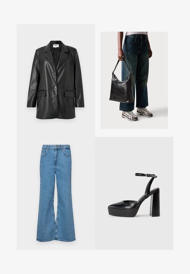 Mustast kunstnahast bleiser, millel on sakiline krae, üks nupp, kaks eesmist taskut ja rinnaauk. Sile tekstuur ja kohandatud sobivus.; Must muströöpidega must puuvillane T-särk, vasakul rinnal on väike roosa liblikas. Ümar kaelus ja vabalt istuv lõige.; Heledad sinine flared teksade rõivad, millel on kõrge talje, viis taskut ja üks nupulukk. Pehme tekstuur ja pleekinud viimistlus.; Mustad platvormi kontsad terava ninaga ja reguleeritava pahkluuraamiga. Valmistatud siledast nahast, funktsioneerib massiivse plokknäheeliga.; Must musta õlakott, millel on sile tekstuur ja reguleeritav rihm, koos pleekinud laia jalgadega teksade ja sportlike tossudega.