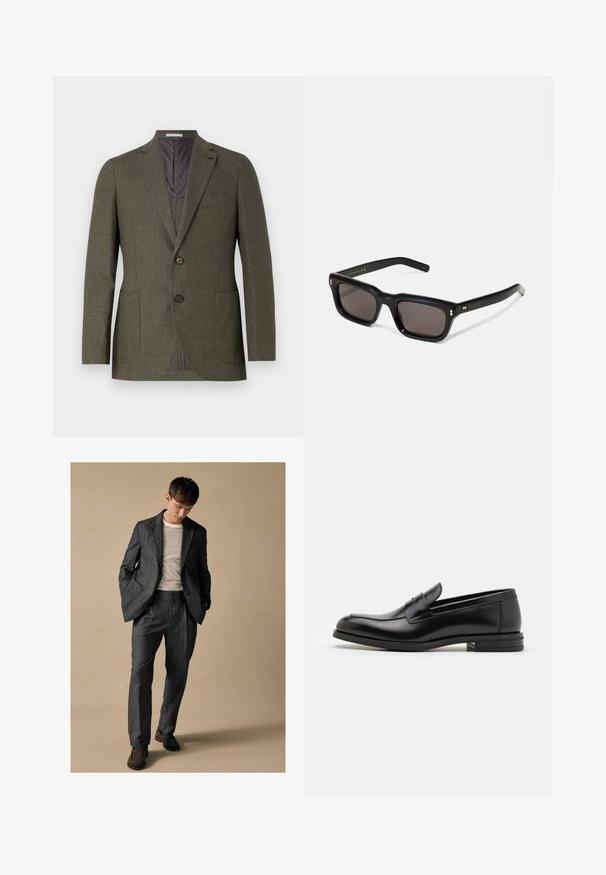 Zielony oliwkowy żakiet z fakturowanej tkaniny z dwiema guzikami, dwiema przednimi kieszeniami i wzorzystą fioletową podszewką. Dopasowany krój i pojedynczy rozcięcie.; Szara koszula z długim rękawem, zapinana na guziki, z kieszenią na piersi i kołnierzykiem zapinanym na guziki, rozłożona na białym tle.; Szary dobrze dopasowany garnitur z klapami w kształcie notcha i przednimi kieszeniami, zestawiony z koszulą w paski. Spodnie mają luźny krój i detal w postaci zakładki. Brązowe buty.; Czarne skórzane mokasyny o gładkiej fakturze, zaokrąglonym nosku i dekoracyjnym pasku na przodzie. Niski, warstwowy obcas, minimalistyczny design.; Czarne prostokątne okulary przeciwsłoneczne z ciemnymi soczewkami, grubą plastikową oprawą, złotymi akcentami na zausznikach oraz wygrawerowanym logo marki na ramieniu.