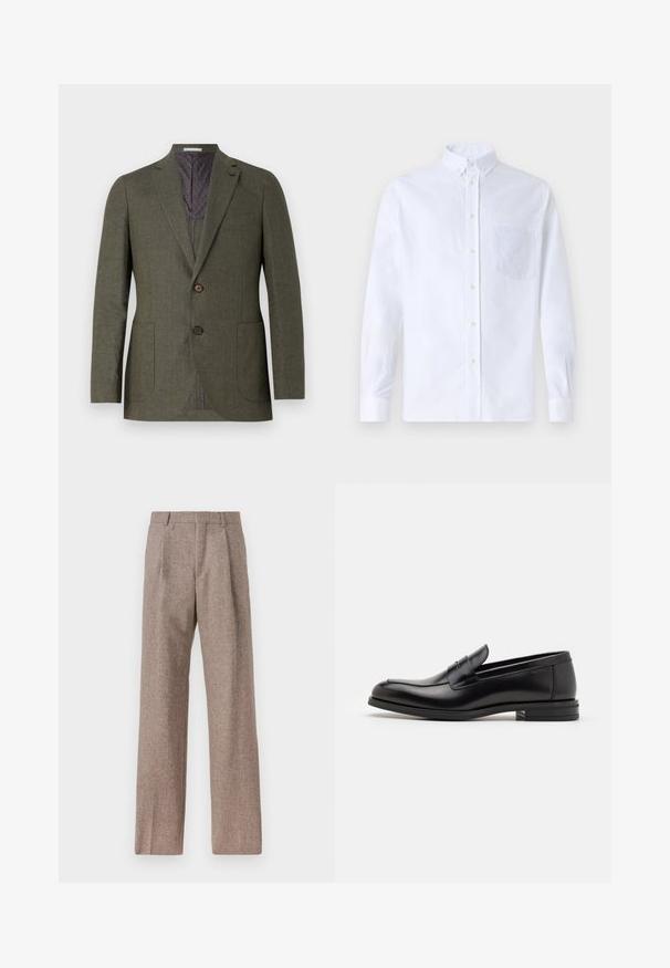 Blazer verde oliva in tessuto testurizzato con due bottoni, due tasche frontali e fodera viola a fantasia. Vestibilità modellata e apertura centrale.; Camicia bianca a maniche lunghe con bottoni, realizzata in cotone, caratterizzata da una tasca sul petto con ricamo tonale, colletto e polsini con bottoni.; Pantaloni marroni a vita alta realizzati in tessuto testurizzato. Presentano gambe ampie e due pieghe frontali per struttura. Rifinitura curata senza hardware visibile.; Mocassini neri in pelle con una texture liscia, punta arrotondata e una striscia decorativa sulla tomaia. Tacco basso impilato, design minimalista.