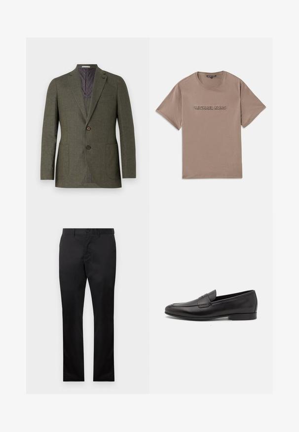 Olijfgroene blazer van gestructureerde stof met twee knopen, twee voorzakken en een iets gekleurde paarse voering. Getailleerde pasvorm en enkele split.; Bruine katoenen t-shirt met een ronde hals. Kenmerkt een reliëf "MICHAEL KORS" logo op de voorkant. Korte mouwen en straight fit ontwerp.; Zwarte katoenen broeken met een rechte pijp, uitgerust met een sluiting met een voorste knoop en zijzakken, gladde textuur, zonder zichtbare patronen.; Zwarte leren herenloafers met een lage hak en een klassiek pennystrap-ontwerp, getoond in zijaanzicht op een witte achtergrond.