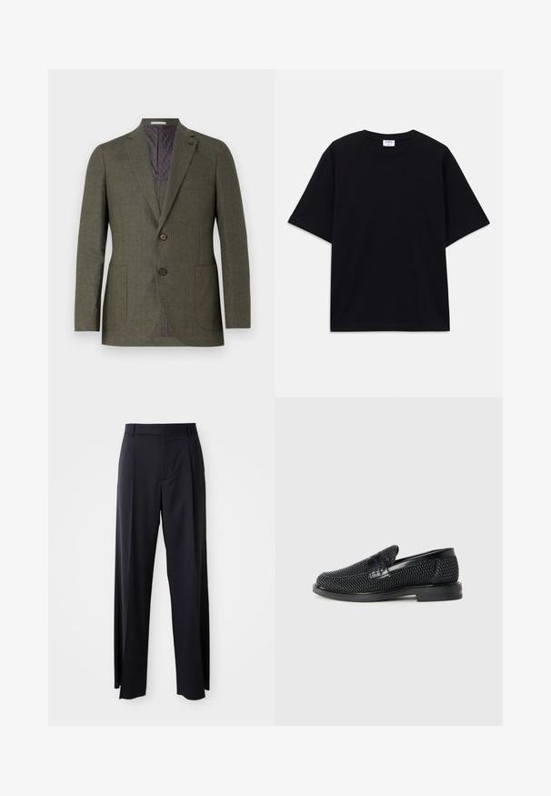 Olīvu zaļš žakets ar teksturētu audumu, divām pogām, diviem priekšējiem kabatām un rakstainu purpura oderi. Piegriezuma forma un vienpusējā atvere.; Melns īsām piedurknēm oversize T-krekls ar apaļu kakla izgriezumu un redzamu Filippa K zīmola birku iekškaklā.; Melnas, augstās vidukļa bikses ar platām kājām, izgatavotas no gludas auduma. Iezīmē priekšējās krokas un jostas cilpas. Minimalistisks dizains, bez redzamām detaļām.; Melnas austas slaidu kurpes ar gludu ādas akcentu augšpusē, apaļas formas purngalu un zemas profila gumijas zoli.