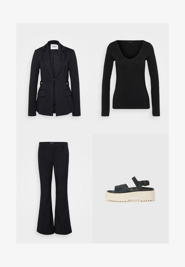 Juodas švarkas su struktūrizuotu dizainu, piko atlapais, priekinėmis kišenėmis su antgaliais ir auksinėmis detalėmis, pagamintas iš elastingos medžiagos.; Juodas ilgas rankovėmis viršus, pagamintas iš minkštos medžiagos. Savybės - V formos iškirptė ir prigludusi siluetas, su lygiu paviršiumi ir minimaliu siūlių detalizavimu.; Gina Tricot Tall RELAXED TROUSERS - Kelnės - black; Juodos zomšos platforminės sandalai su masyviu baltu padais, plačia priekinė juostele ir reguliuojamu kulkšnies užsegimu. Textūruotas padas užtikrina sukibimą.