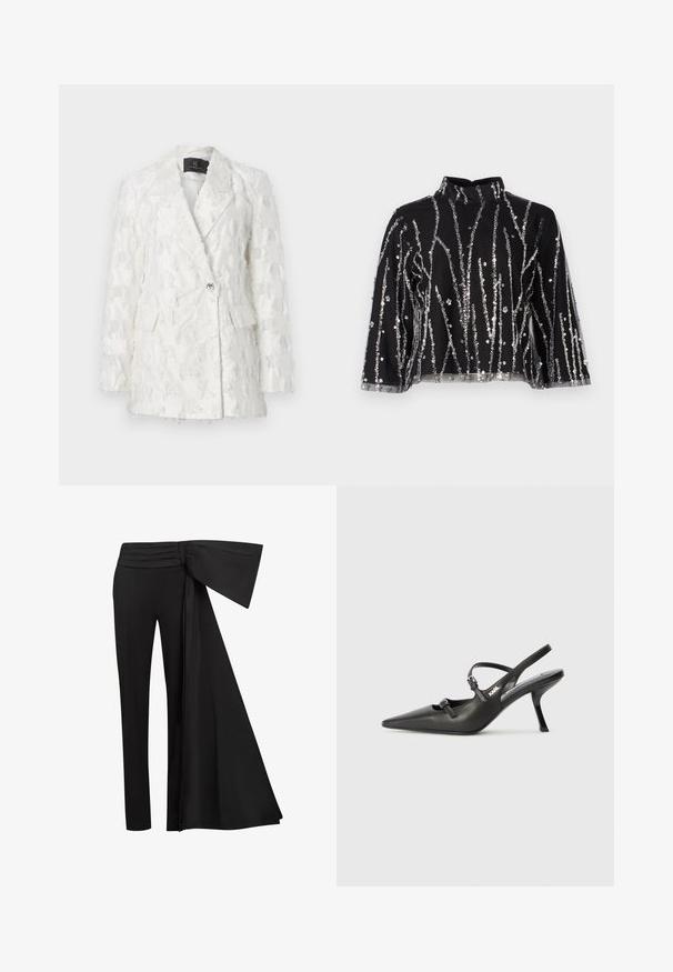 Blazer bianco texturizzato con design doppiopetto, due tasche frontali e chiusura con bottoni lucidi. Il tessuto presenta un motivo frangiato.; Top corto nero con collo alto, caratterizzato da linee verticali in paillettes argentate, maniche trasparenti e tessuto testurizzato.; Pantaloni neri con un ampio dettaglio a fascia drappeggiata in vita. Tessuto liscio, taglio dritto e cintura plissettata.; Scarpe slingback nere in pelle con punta affilata, tacco sottile e dettaglio decorativo a fibbia sulla tomaia. Texture liscia e design elegante.