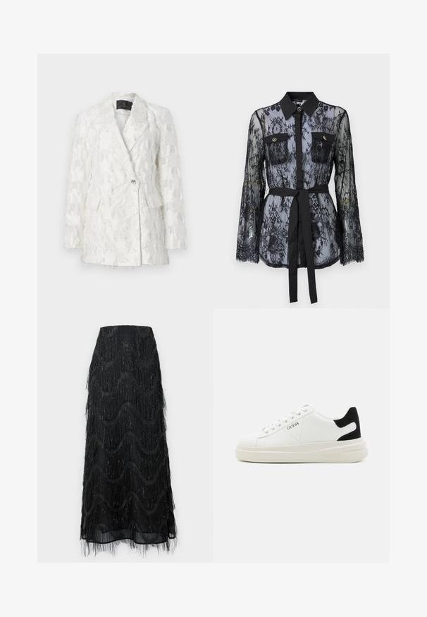 Hvid tekstureret blazer med dobbeltbrystet design, to frontlommer og glansfuld knaplukning. Stofmet har et frynset mønster.; Sort blonde med lange ærmer, knaplukket brystlommer, klassisk krave og et stofbælte der er bundet om taljen. Gennemsigtig design.; Sort midi-skjorte med lagdelt frynse og bølgemønstre. Lavet af gennemsigtigt materiale med glitrende detaljer langs kanterne.; Hvide lædersneakers med en tyk hvid sål, sort ruskindhælvægt og prægede logoer på siden. Snørebåndsdesign med seks øjer.