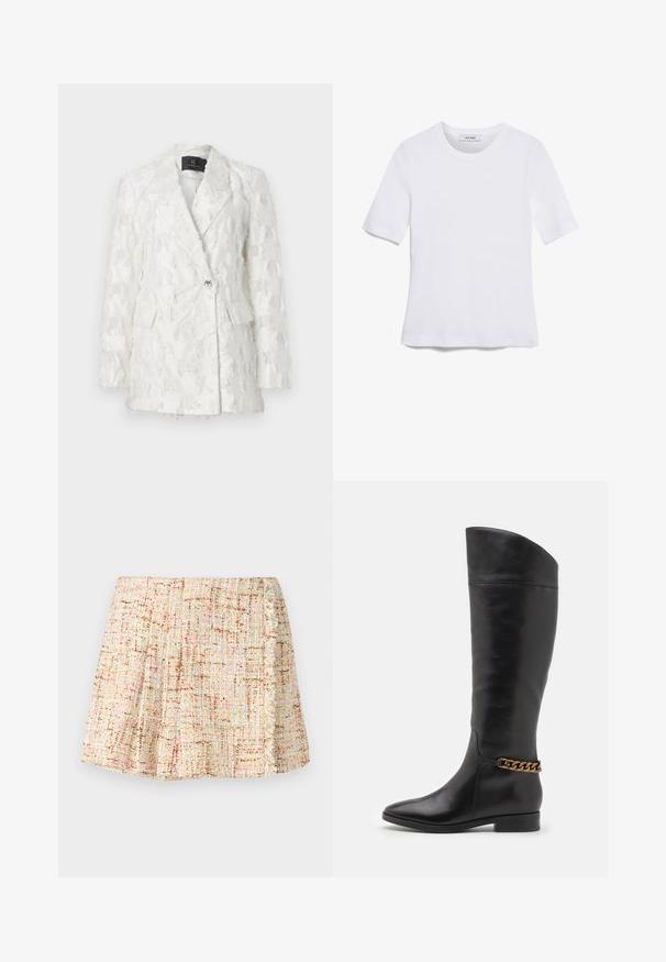 Weißer strukturierter Blazer mit doppelt breiter Gestaltung, zwei vorderen Taschen und glänzender Knopfverschluss. Der Stoff hat ein fransiges Muster.; Weißes kurzärmliges T-Shirt aus geripptem Stoff. Runder Halsausschnitt, normale Passform und dezente Nähte. Keine Muster oder Grafiken.; Kurzer, plissierter Rock aus strukturiertem Stoff in neutralen Tönen mit dezenten Farbtupfern. Verfügt über einen Fransenbesatz an der Seite.; Hohe schwarze Lederstiefel mit elegantem Design, spitzer Zehe und einem goldenen Kettenakzent am Knöchel. Tiefer Blockabsatz. Glatte Textur.