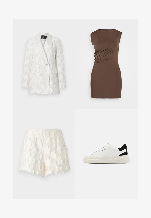 Valkoinen teksturoitu bleiseri, jossa on kaksirivinen muotoilu, kaksi etutaskua ja kiiltävä nappisuljenta. Kangas on fringed-kuvioinen.; Ruskea, hihaton mekko, jossa on muotoiltu siluetti. Sisältää sivuruostumusta ja sileää, joustavaa kangasta. Yksinkertainen pyöreä pääntie, polven ylle ulottuva pituus.; Valkoiset shortsit, joissa on teksturoitu kangas, fringed yksityiskohdat ja monimutkainen ruutumalli. Muotoilu on korkeavyötäröinen ja siinä on repsottava viimeistely.; Valkoiset nahkakengät paksulla valkoisella pohjalla, mustalla mokkanahkaosuudella kannassa ja kohokuvioitu logo sivulla. Nauhakeskitys kuudella reiällä.