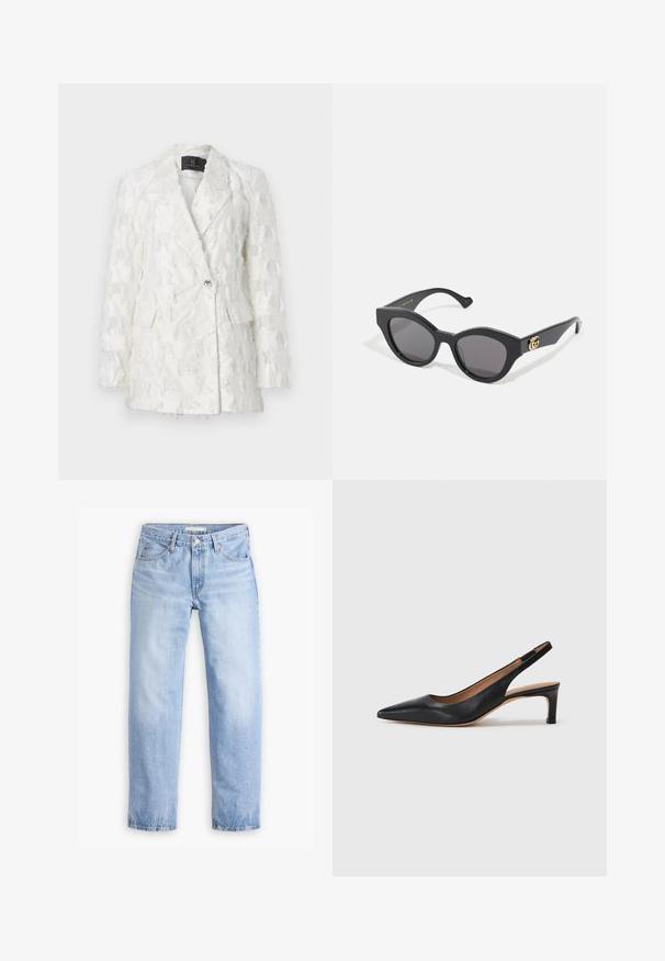 Valkoinen teksturoitu bleiseri, jossa on kaksirivinen muotoilu, kaksi etutaskua ja kiiltävä nappisuljenta. Kangas on fringed-kuvioinen.; Ruskea, hihaton mekko, jossa on muotoiltu siluetti. Sisältää sivuruostumusta ja sileää, joustavaa kangasta. Yksinkertainen pyöreä pääntie, polven ylle ulottuva pituus.; Vaaleansininen farkkutakki, jossa on suora lahje, viisi taskua ja keskipituinen vyötärö. Ominaisuuksiin kuuluu haalistunut pinta ja ommeltu helma.; Mustat nahkaiset slingback-korkokengät, joissa on terävä kärki, matala korko ja sileä pinta. Varustettu ohuella säädettävällä hihnalla turvallisen istuvuuden takaamiseksi.; Musta aurinkolasit kulmikkaalla kissamaisella muodolla, joissa on tummennetut linssit. Kullanvärinen logo korostaa temppelissä. Sileä muovikehys.