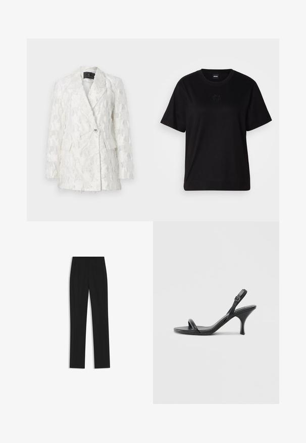 Weißer strukturierter Blazer mit doppelt breiter Gestaltung, zwei vorderen Taschen und glänzender Knopfverschluss. Der Stoff hat ein fransiges Muster.; Schwarzes Baumwoll-T-Shirt mit Rundhalsausschnitt, kurzen Ärmeln und aufgesticktem Logo auf der Brust. Einfacher, lässiger Schnitt ohne Muster.; Schwarze maßgeschneiderte Hose mit geradem Bein, ausgestattet mit Fronttaschen und einem glatten, strukturierten Stoff. Saubere, minimale Details.; Schwarze Leder-Sandalen mit hohen Absätzen, schlankem, gebogenem Absatz und gekreuztem Riemendesign. Verstellbarer Knöchelriemen. Glatte Textur.