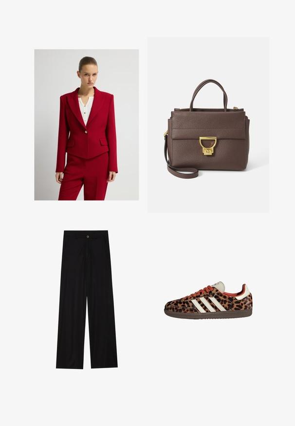 Czerwona dopasowana marynarka z ostrymi klapami i jednym złotym guzikiem, z przednimi kieszeniami z klapami oraz dopasowanym krojem.; Czarna koszula z długim rękawem o szerokim dekolcie, wykonana z miękkiego materiału, charakteryzująca się dopasowanym krojem i minimalnymi detalami szwów.; Szerokie czarne spodnie wykonane z gładkiego materiału, z przednimi kieszeniami i zapięciem na guzik w talii. Minimalistyczny design bez wzorów.; Sneakers w nadrukiem lamparta z zamszowego materiału, czerwonymi sznurówkami i trzema białymi paskami z boku. Wyróżniają się kremowym językiem i brązową podeszwą.; Brązowa skórzana torebka o teksturowanej powierzchni, ze złotymi detalami, górnymi uchwytami oraz odpinanym paskiem na ramię; zawiera zapięcie na klapę z przodu.; Złoty prostokątny zegarek na nadgarstek z białą tarczą, srebrnymi znacznikami godzin i wytrzymałym metalowym bransoletą. Wbudowana funkcja wodoodporna.