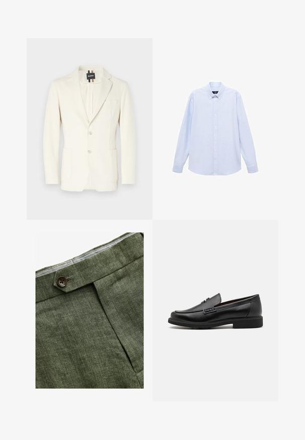 Witte blazer van gladde stof, met een notch-lapels, twee voorzakken, knoopsluiting en label met branding.; Lichtblauwe overhemd met lange mouwen, knoopsluiting en een klassieke kraag, met een rechte zoom en een subtiele textuur. Voorzien van een centrale knoopsluiting.; Olijf groene linnen broek met een voorplooi, voorzien van een knoopsluiting en een contrasterende geruite voering bij de tailleband.; Zwarte synthetische loafers met een opvallende gestikte voorkant, gevoerde binnenzool en platte rubberen buitenzool; slank ontwerp met minimale details.