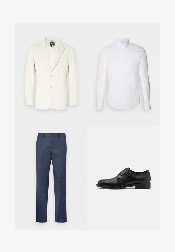 Valge bleiser, mis on valmistatud siledast kangast, millel on lõhenenud krae, kaks esipolekotti, nööpidega sulgemine ja brändingu etikett.; Valge pikkade varrukatega nööpidega särk, mis on valmistatud puuvillast, klassikalise krae, eest nööpide ja minimaalsete õmblusdetailidega.; Tumed sinine püksid, mis on valmistatud tekstuuriga kangast, sirgete jalgega, tasase esiosa ja kahe küljetaskuga. Ilma nähtavate mustrite või aksessuaarideta.; Musta nahast kleitking, kus on kaks pandlat, voolava silueti ja ümarate varvastega. Omab madalat kontsa ja siledat tekstuuri.