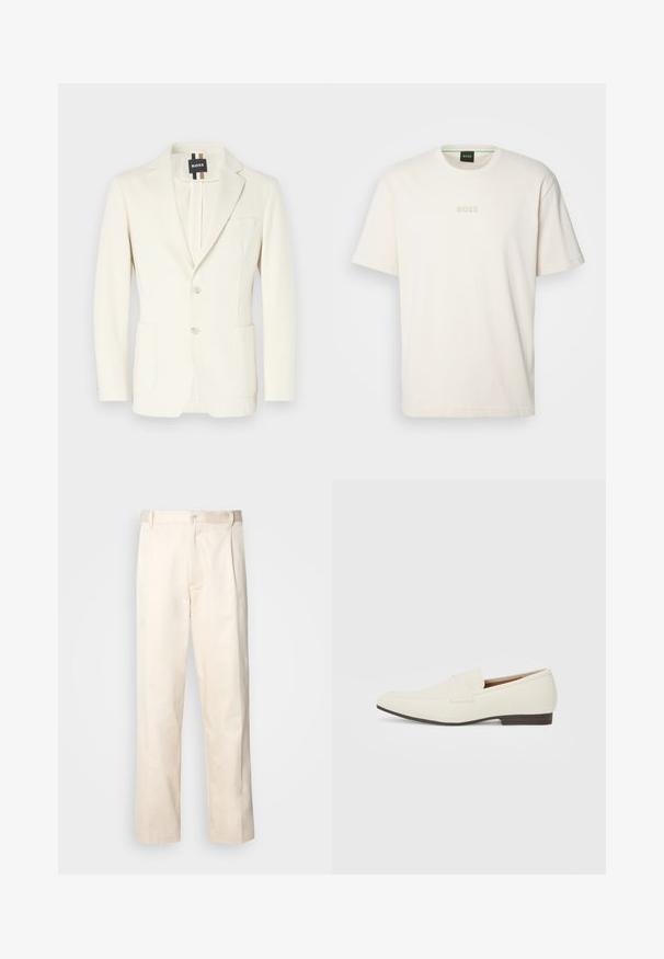 Bílý blazer vyrobený z hladkého materiálu, s klopovým límcem, dvěma předními kapsami, zapínáním na knoflík a štítkem s logem.; BOSS TEE - Jednoduché tričko - open white; Bežové bavlněné kalhoty se střihy rovného nohavice, s knoflíkovým zapínáním a záhyby vpředu pro zvýraznění detailu.; Světlé béžové mokasíny s špičatou špičkou, hladkým materiálem, páskem přes nárt a nízkou hnědou podrážkou. Jednoduchý design s minimálními akcenty.