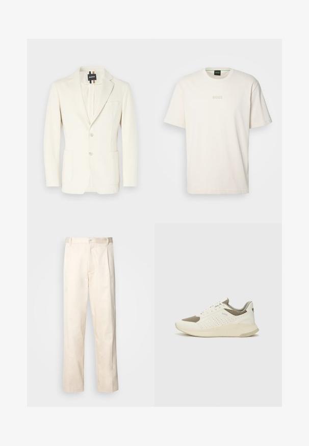 Valkoinen bleiseri, joka on valmistettu sileästä kankaasta. Siinä on viistetyt läpät, kaksi etutaskua, nappikiinnitys ja brändin etiketti.; BOSS TEE - T-paita - open white; Vaaleanbeige puuvillahousut, joissa on suora lahje, varustettu nappisulkeisella ja etupuolella olevilla laskoksilla lisäyksinä.; Valkoinen ja vaaleanbeige urheilukengät, joissa on verkkomateriaali yläosa, rei'itettyjä yksityiskohtia ja teksturoitu välipohja, jossa on brändäys kantapäässä.