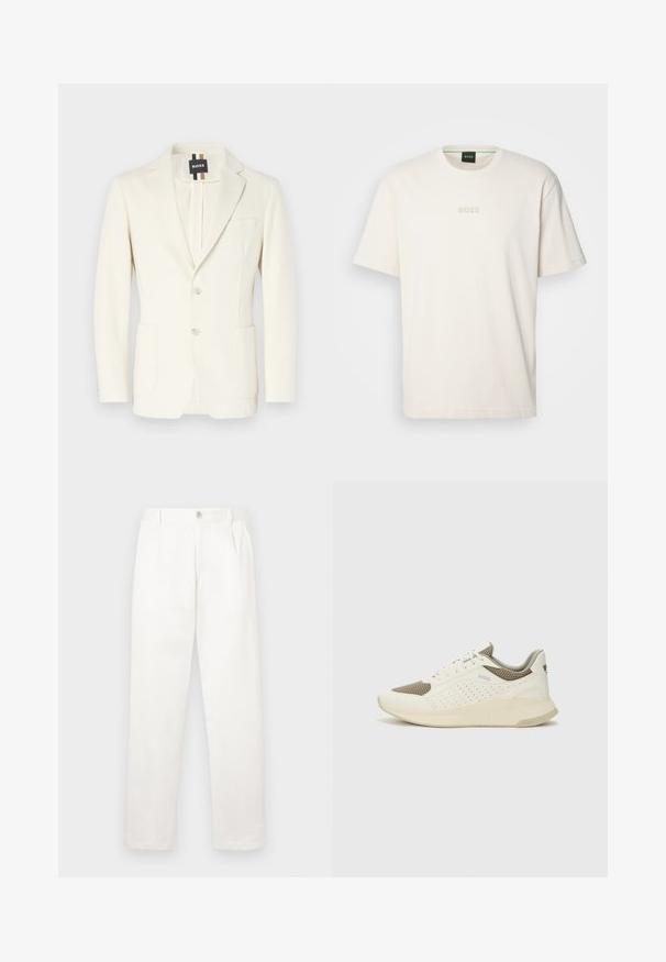 Blazer bianco realizzato in tessuto liscio, con revers a punta, due tasche frontali, chiusura a bottoni e etichetta con il marchio.; BOSS TEE - T-shirt basic - open white; Pantaloni bianchi realizzati in tessuto liscio, con un design a gamba dritta, pieghe frontali e una chiusura a bottone singolo in vita.; Sneaker atletica bianca e beige chiaro, con tomaia in mesh, dettagli perforati e una suola intermedia texturizzata con marchio sul tallone.