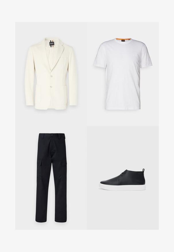 Balta švarkas, pagamintas iš lygaus audinio, su įpjovais atlapais, dviem priekinėmis kišenėmis, užsegimu mygtuku ir prekės ženklo etikete.; Balta medvilnė marškinėliai su apvalia iškirpte, trumpomis rankovėmis ir subtiliu iškilniu logotipu ant krūtinės. Viduje esantis etiketas turi oranžinį akcentą.; Juodi cargo kelnės, pagamintos iš tvirto audinio, su tiesiu kirpimu, dviem šoninėmis kišenėmis ir mygtukiniu užsegimu juosmenyje.; Juodi odiniai aukšti sportbačiai su lygia apdaila, balta guma padu ir paprastu raištelių dizainu. Gale yra įtempimo juostelė.