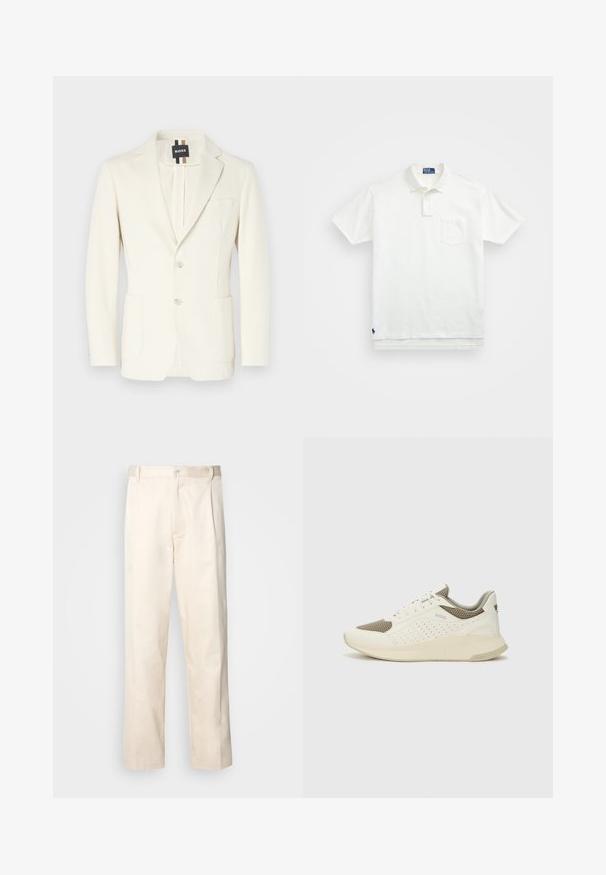 Fehér blézer sima anyagból, lekerekített hajtókával, két elülső zsebbel, gombbal záródik és márkás címkével rendelkezik.; Fehér pólóing, pamutból készült, klasszikus gallérral, háromgombos végigfutóval és bal oldali zsebével; kis logó a szegélyen.; Beige pamut nadrág egyenes szárú kivágással, gombos záródással és elülső redőkkel a részletek fokozása érdekében.; Fehér és világos bézs sportcipő, légies hálós felsőrésszel, perforált részletekkel és texturált középtalppal, amelyen a saroknál a márka logója található.