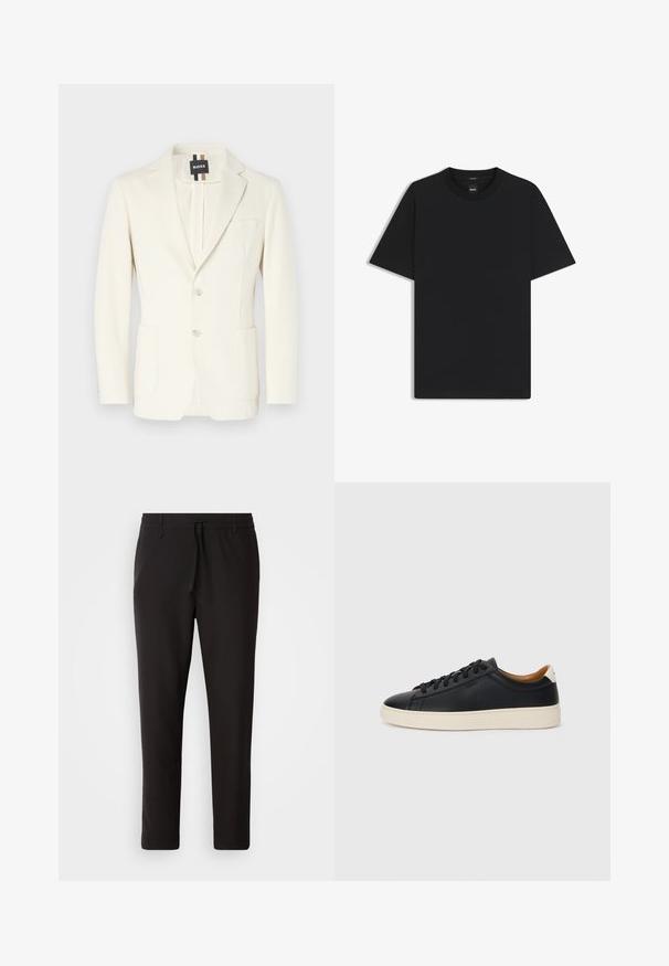 White blazer made of smooth fabric, featuring a notched lapel, two front pockets, button closure, and tag with branding.; Black short-sleeve T-shirt made from a smooth cotton blend, featuring a crew neckline and a minimalistic design with no patterns or accents.; Black jogger pants made of smooth fabric. Feature an elastic waistband with a drawstring, tapered legs, and no visible pockets. Simple design.; Black leather sneakers with a smooth texture, beige rubber sole, lace-up design, and a contrasting heel accent.