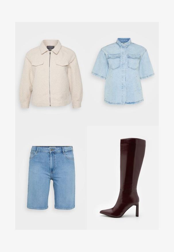 Fleece em tom bege claro com fecho de zip, gola e dois bolsos frontais. Apresenta um tecido texturizado e um corte descontraído.; Camisa de ganga azul clara com mangas curtas, apresentando dois bolsos frontais e adornada com pequenos Rebites de prata por todo o lado.; Calças de ganga de tom azul claro com um corte clássico, apresentando um fecho frontal com botão, passantes para cinto e dois bolsos laterais. Textura suave e barra reta.; Even&Odd Botas - dark red