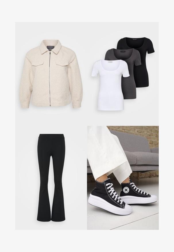 Fleece em tom bege claro com fecho de zip, gola e dois bolsos frontais. Apresenta um tecido texturizado e um corte descontraído.; Três t-shirts ajustadas em branco, cinza e preto. Cada uma possui um decote amplo e mangas curtas. Feitas de um tecido liso e elástico.; Calças pretas de corte alargado feitas de tecido elástico, com uma cintura alta e uma textura suave. As calças alargam-se a partir do joelho.; Ténis pretos de cano alto com solas e atacadores em borracha branca. Apresentam um emblema redondo e costuras contrastantes em branco. Material em lona.