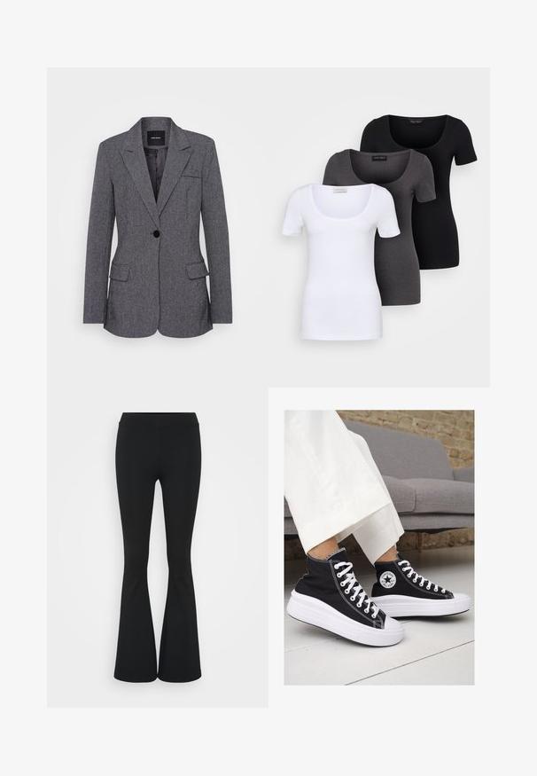 Pilkas švarkas, pagamintas iš tekstūruoto audinio, su įpjauta apykakle, vienu mygtuko užsegimu, dviem priekinėm kišenėm ir krūtine kišene.; Trys priderinti marškiniai: balti, pilki ir juodi. Kiekvienas turi plačią apvalią iškirptę ir trumpas rankoves. Pagaminti iš lygaus, tamprių audinio.; Juodai platėjantys kelnių, pagamintų iš tamprių medžiagų, kurie turi aukštą juosmenį ir lygią tekstūrą. Kelnės platėja nuo kelio.; Juodi kanvasiniai aukšti sportbačiai su baltais guminiais padu ir raišteliais. Šonuose yra apskritas logotipas ir ryški balta siūlė.