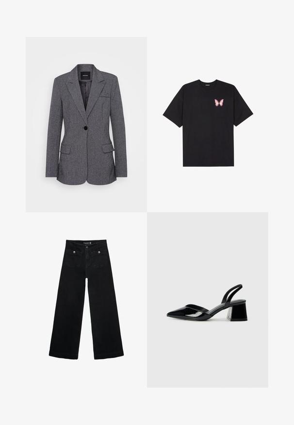 Siv blazer iz teksturiranega blaga, z ovratnikom z zarezo, enim gumbom za zapiranje, dvema sprednjima žepoma in žepom na prsih.; Črna bombažna majica s kratkimi rokavi, ki ima majhen roza metuljček na levi strani prsnega dela. Majica s krožnim ovratnikom in sproščenim krojem.; Črne široke kavbojke z visokim pasom, ki imajo dva sprednja žepa in kovinske gumbi. Tkanina ima gladko teksturo.; Črne lakirane slingback pete s koničastim nosom in geometrijsko blokasto peto. Imajo eleganten, minimalističen dizajn in gladko teksturo.