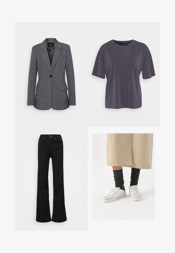 Gray blazer made of textured fabric, featuring a notched collar, single button closure, two front pockets, and a chest pocket.; Gray short-sleeve t-shirt with a relaxed fit, round neck, smooth texture, and simple design. No patterns or embellishments visible.; Black flared jeans made from denim, featuring a high waist, five pockets, and metal button closure. Smooth texture with minimal detailing.; White and gray sneakers with a black heel accent, featuring a smooth leather upper and textured suede toe. Worn with dark gray slouchy socks.