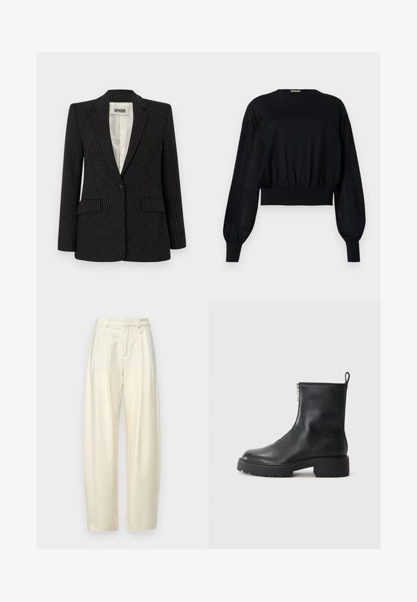 Czarna marynarka w paski z pojedynczym zapięciem na guzik, klapami typu notch, podwójnymi kieszeniami z przodu oraz gładką podszewką.; Czarna krótka bluzka z okrągłym dekoltem, bufkowymi długimi rękawami i prążkowanymi mankietami. Posiada ciasną elastyczną talię i przezroczyste boczne panele.; Plisowane, wysokie spodnie w jasnobeżowym materiale. Posiadają prosty krój i gładką fakturę. Brak kieszeni i widocznych elementów metalowych.; Czarne skórzane botki za kostkę z bocznym zamkiem błyskawicznym, zaokrąglonym noskiem i masywną, teksturowaną podeszwą. Dyskretne logo z boku.
